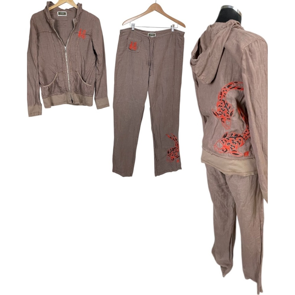 Zensei Linen Pants & Jacket M Long Women Brown Koi Fish Embroidered Asian Tan